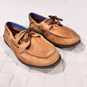 Sperry Original 2-Eye Leather Boat Shoes Tan Blue Stitch Men’s 12M Cork Insoles